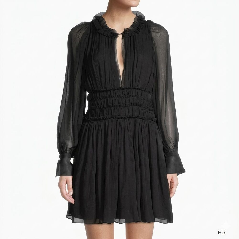 Rebecca Taylor Silk Chiffon Ruffled Long Sleeve Dress Size 0 Black NWT Defect